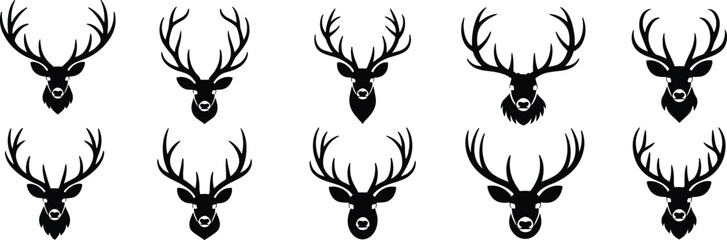Collection of deer head silhouettes with antlers, black and white vector design, wildlife illustration set, nature art, rustic hunting decor