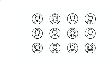 A collection of diverse user profile avatars. This set of 12 circular, minimalist line art icons represents various people for website logins, social media profiles, and contact lists in UI/UX design.