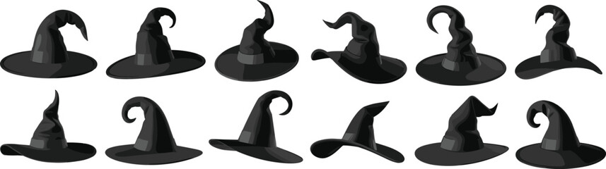 Collection of silhouette witch hats in various magical styles, perfect for Halloween, fantasy themes, costume accessories, vector illustration design