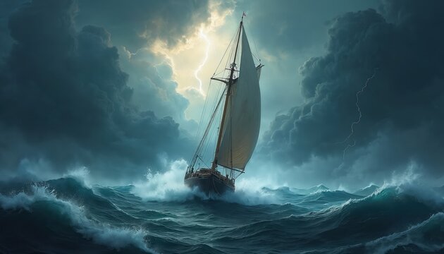 Sailboat battles turbulent ocean waves during fierce thunderstorm with lightning strikes. Dramatic scene of lone vessel navigating rough seas in dark, stormy clouds, evoking themes of adventure,
