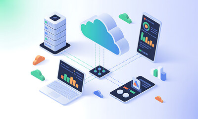 Cloud computing network connecting multiple devices, showcasing data synchronization and storage.