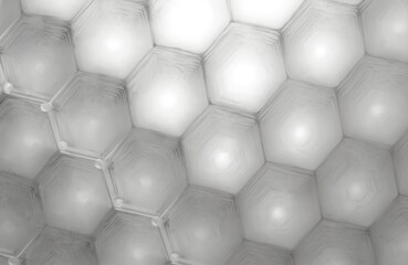 Fototapeta premium Monochrome illustration features repeating geometric hexagonal pattern with clean lines, subtle shading. Abstract design resembles textured surface wallpaper, offering elegant, modern motif suitable