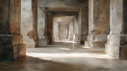 Ancient stone corridor with worn pillars and soft natural light