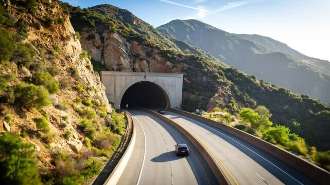 Road with tunnel through mountain side car driving towards the tunnel
