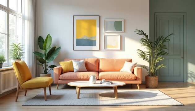 Bright Scandinavian style living room featuring coral couch, yellow armchair, round coffee table. Accented with green plants, abstract art, sunlight streaming through window. Comfortable, inviting