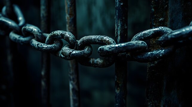 The weathered and rusted metal chain is intertwined with the bars of a jail cell, creating a stark image of captivity and imprisonment in the dark.