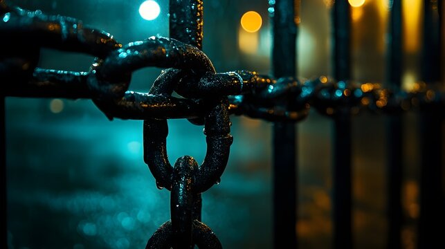 Close up of a dark, wet metal chain hanging from a gate, illuminated by bokeh lights at night, creating a somber and industrial atmosphere in the urban scene.