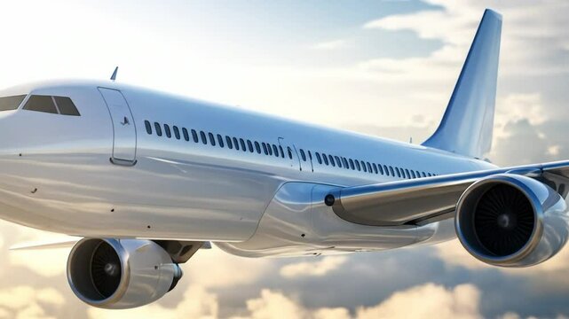 Sleek silver plane in flight with a cloudy sky backdrop