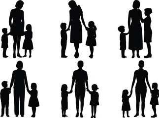 Silhouetted adults and children holding hands, family bonding moment, emotional connection, parenting care, childcare support, vector illustration, relationship design