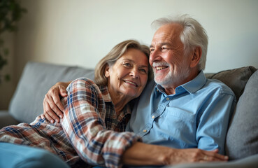 Happy senior couple embracing on sofa at home. Elderly man, woman sharing affection, warmth, smiling, talking about retirement, future plans. Cherished moments of love, togetherness in comfortable