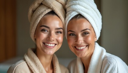 Two women enjoy spa day together, smiling brightly with towels wrapped around heads. Dressed in plush bathrobes, radiate happiness, relaxation, healthy skin, well-being during self-care routine.