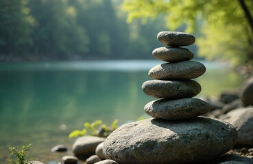 Stack of balanced stones near tranquil blue water. Natural stones create zen equilibrium for meditation, yoga, relaxation. Peaceful forest surrounds calm lake, inviting quiet contemplation, inner