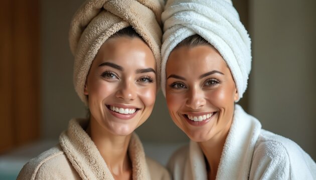 Two women enjoy spa day together, smiling brightly with towels wrapped around heads. Dressed in plush bathrobes, radiate happiness, relaxation, healthy skin, well-being during self-care routine. - Powered by Adobe