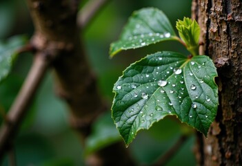 Obraz premium Close-up of a green leaf with water droplets on a tree trunk