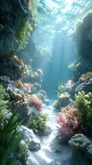 Naklejka premium Colorful coral reef pathway under clear tropical sea with sunlight rays