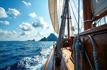Sailing boat on open sea with clear blue sky and distant islands