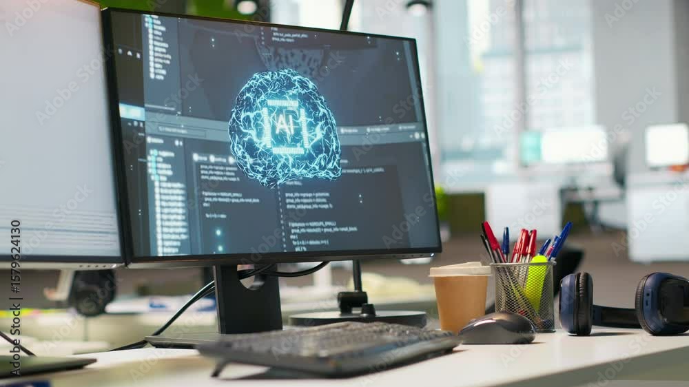 Fototapete pc display on startup office desk showing artificial intelligence programming languages. computer in