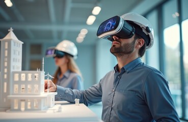 Architects collaborate using VR headsets to explore virtual building models. Professionals in modern office review digital designs. Technology integration for innovative construction, real estate,