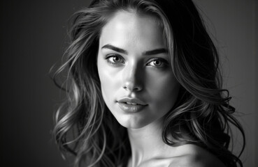 Fototapeta premium Woman with wavy hair and intense gaze looks directly at camera against plain background