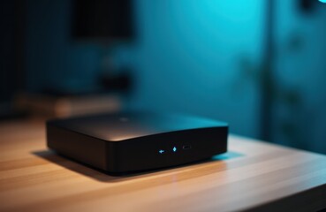 Electronic device with illuminated indicator lights placed on wooden surface in a dimly lit room