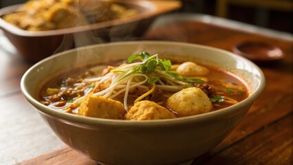 Delicious steaming noodle soup with fragrant herbs and spices