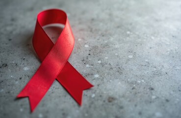 Red satin ribbon loop on mottled stone surface awareness, support, hope. Closeup captures delicate fabric, representing charity, compassion, medical causes. Ideal for health campaigns, disease