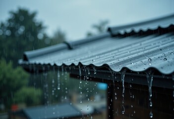 Raindrops cascading from a metal roof during a heavy rainstorm