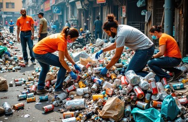 Woman and man cleaning up litter on busy city street with scattered trash and cans