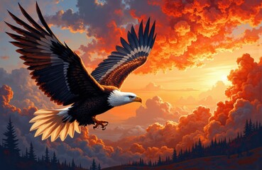 Majestic eagle soaring through a vibrant sunset sky with dramatic clouds and silhouetted treetops