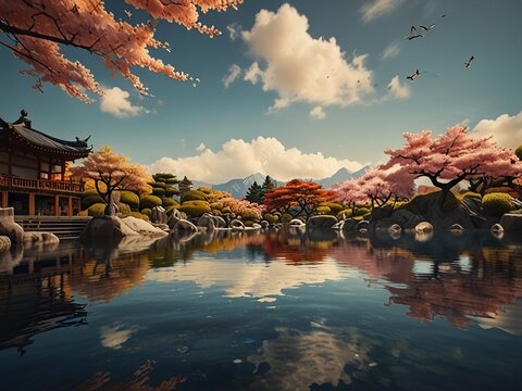 Japane garden with lake and sakura illustration background