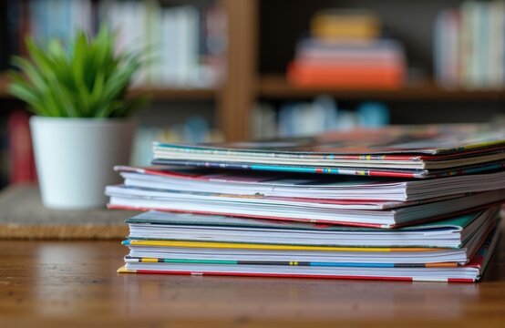 Stack of colorful magazines or catalogs on wooden table with blurred bookshelf background