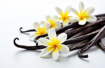 Fragrant vanilla beans with delicate yellow and white plumeria flowers on a white background