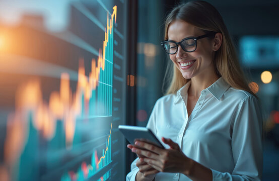 Smiling business woman uses tablet analyzing stock market data at night. Financial growth graphs, data trends overlaid on screen. Successful trader investor monitors investment performance on digital - Powered by Adobe