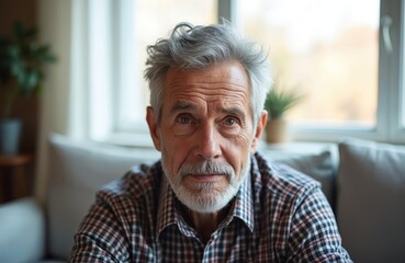 Close-up portrait of serious handsome grandfather with grey hair and beard, wearing checkered shirt. He sits indoors on sofa in home room, looking directly at camera with calm expression.
