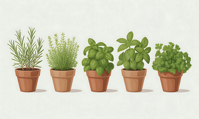 Five potted herbs, rosemary, thyme, basil, and parsley, displayed in terracotta pots against a light background.
