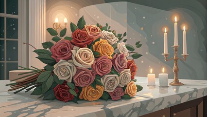 Elegant Arrangement of Multicolored Roses on a Marble Surface