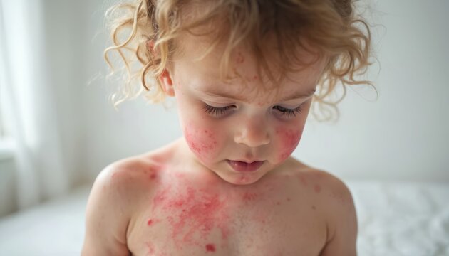 Close-up of toddler child with measles red rash on body and face. Infectious disease outbreak symptoms visible on skin. Focus on pediatric health, vaccination, and disease prevention. - Powered by Adobe