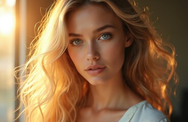 Fototapeta premium Blonde woman with flowing hair bathed in warm sunlight. Youthful face, captivating gaze, serene expression. Natural elegance, soft glow enhance ethereal beauty. Summer backlight creates dreamy,