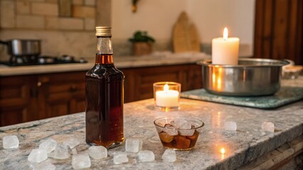 Elegant Home Bar Setup with Drink, Ice, and Warm Candlelight