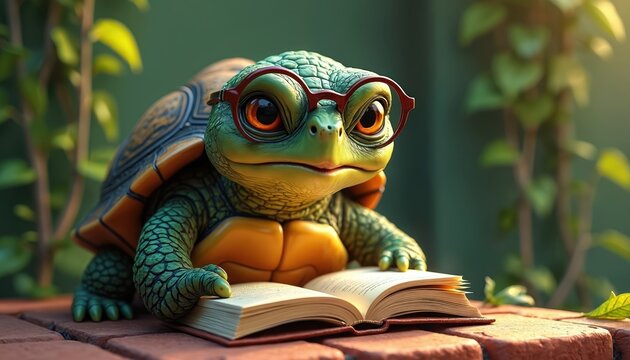 Cute cartoon turtle wearing glasses reads book. Concept illustration for literacy, education, learning, and International Literacy Day. Features a charming turtle, open book, and garden background.