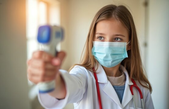 Young girl in doctor uniform and face mask holds infrared thermometer. Child checks temperature, showing health care safety and virus prevention concept. Medical check-up, serious child.