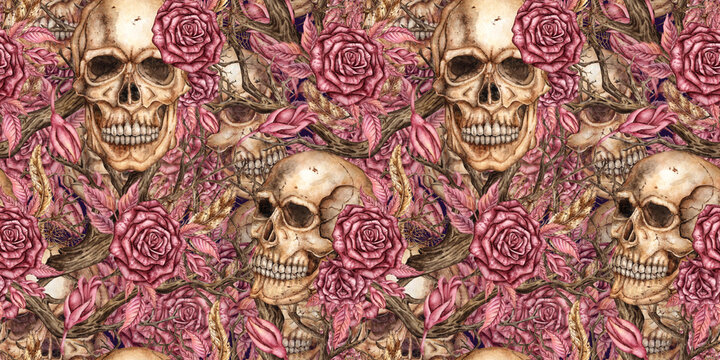 Human skulls with burgundy roses, dried flowers, autumn leaves and dever branches. Watercolor illustration on blue background. Elegant gothic design with dark floral mood. Seamless pattern.