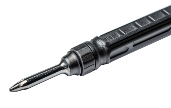 Flat vector illustration of a Flathead screwdriver featuring a sleek black plastic grip and a straight metal shaft for manual tool usage isolated on transparent background PNG