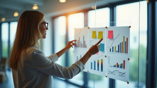 Woman presenting charts and graphs on a glass board in an office setting with natural light shining through - Powered by Adobe