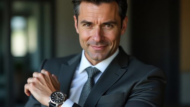Portrait of a confident businessman in a suit with a watch looking at the camera with a slight smile