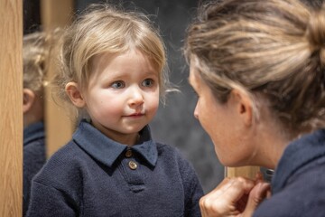 Young girl with blonde hair wearing a navy sweater gazes into a mirror, engaging in a playful interaction with an adult, showcasing a moment of connection and reflection