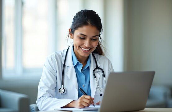 Smiling Indian female doctor uses laptop, writes in medical journal at desk. Physician wears uniform, stethoscope. Practitioner fills documents, watches webinar. Focus on digital healthcare, patient - Powered by Adobe
