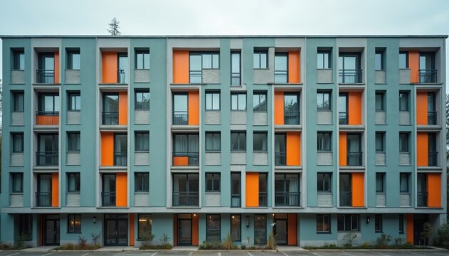 Modern multi-story school dorm building features numerous windows, balconies on urban college accommodation facade. Residential complex offers student housing with striking orange, teal color