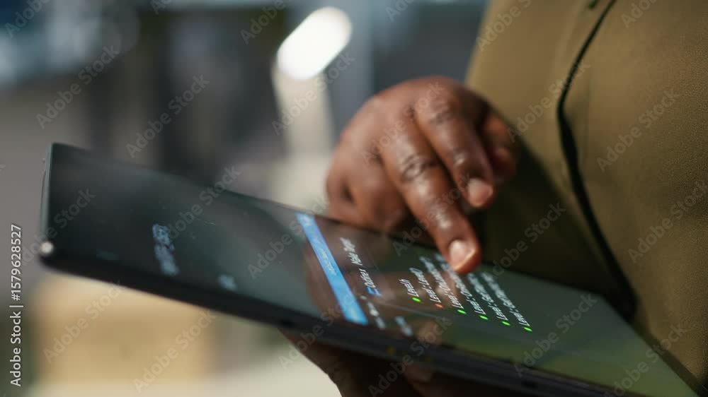 Poster close up of programmer utilizing ai on tablet to optimize performance and forecast issues. system ad