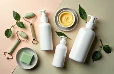 Top view of natural organic skincare products set. Includes white bottles with serums, essential oils, creams, green soap bars. Jade rollers promote facial massage, wellness. Cruelty-free vegan